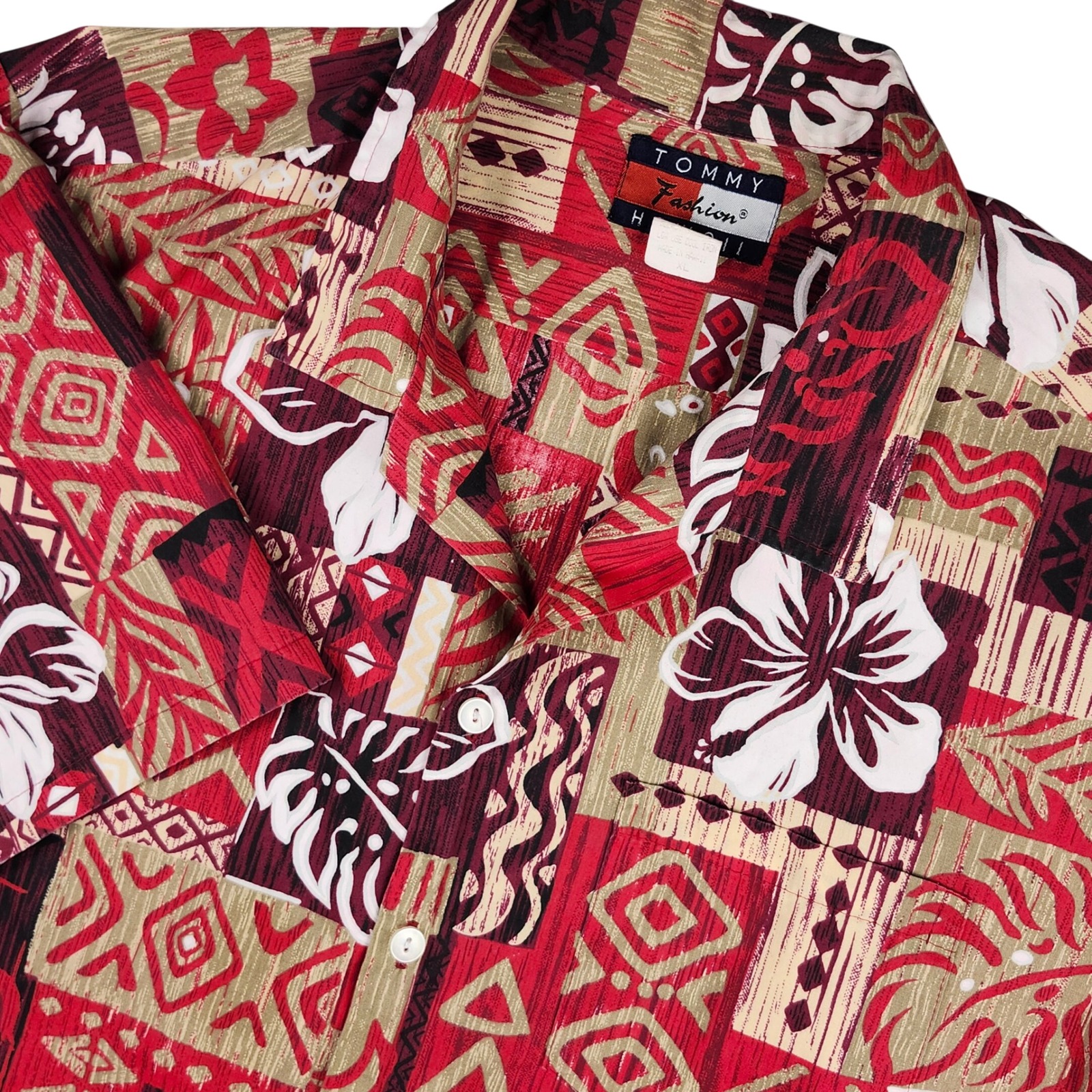 Vtg Tommy Hilfiger Fashion Hawaii Mens Xl Tropical Shirt Red Patchwork Aloha